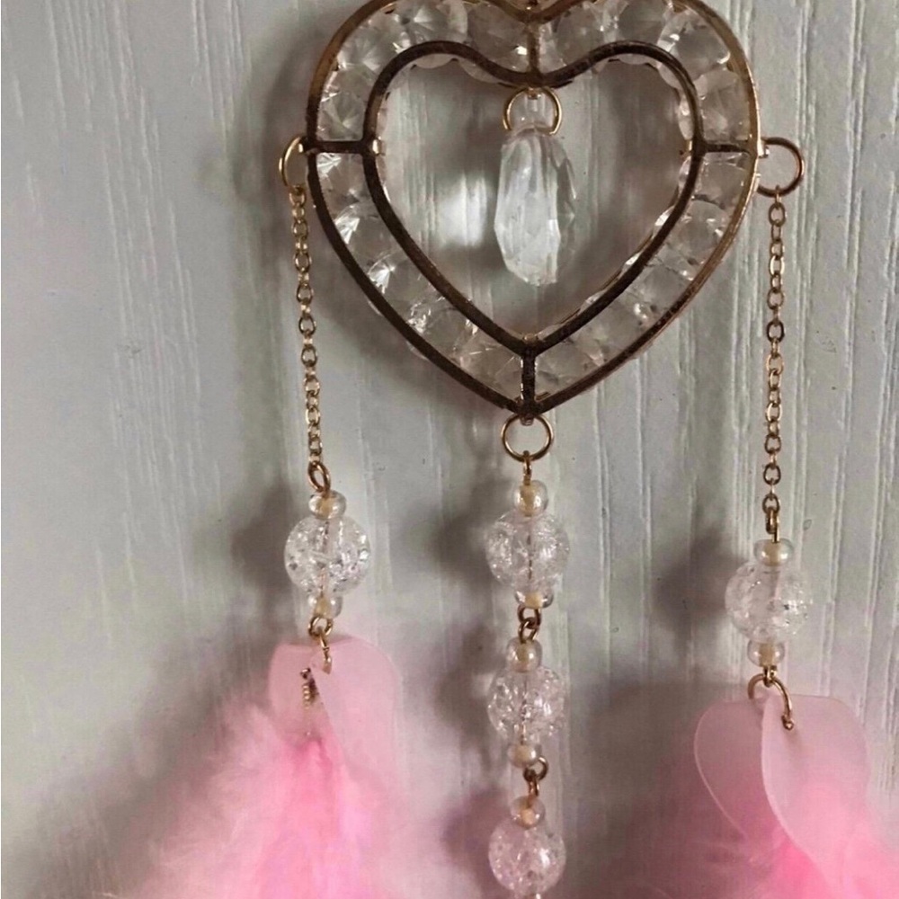 Gold Heart Crystal Dreamcatcher with Pink Feathers